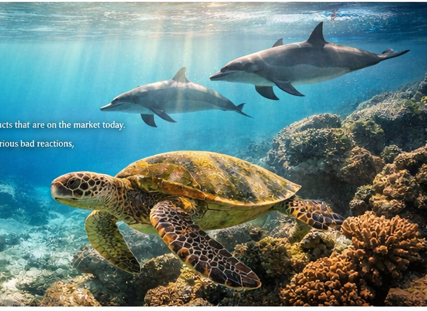 Sea turtle and dolphins representing the Consumer Reports section.