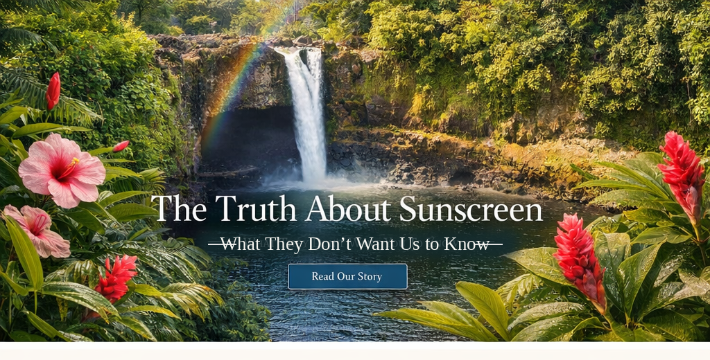 Waterfall, tropical flowers, and the title The Truth About Sunscreen on the La Wai Paka homepage.
